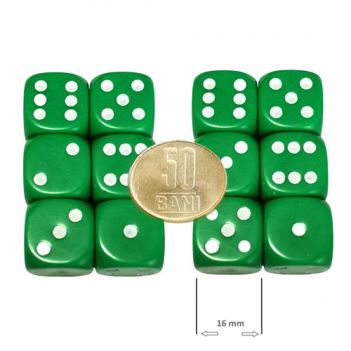 Set 12 zaruri de 16 mm, verzi, de calitate, plastic opac Set 12 zaruri de 16 mm, verzi, de calitate, plastic opac